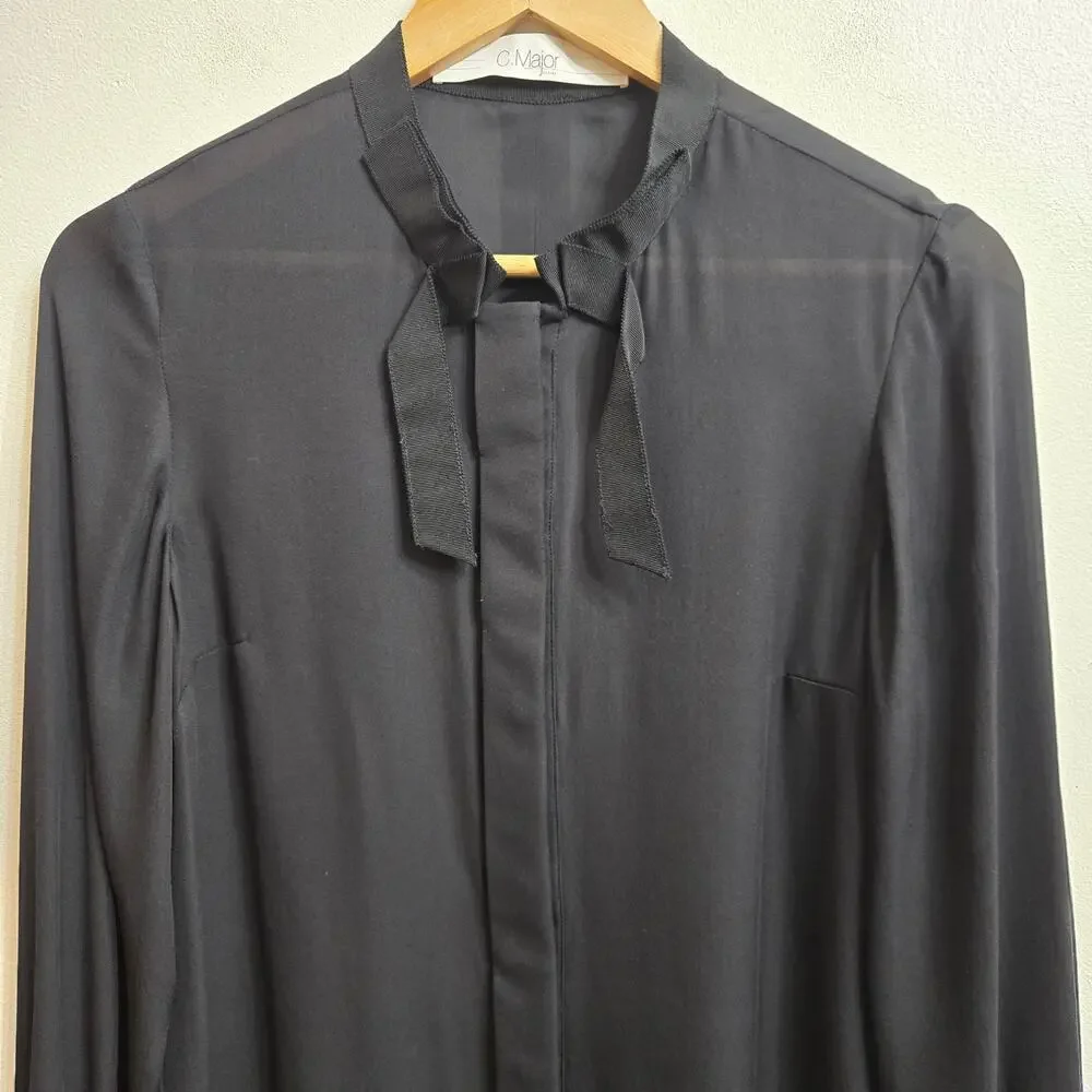 C Major Womens Black Silk Blouse Size 4 Sheer Corpcore Whimsigoth Fairy Grunge - Picture 3 of 10